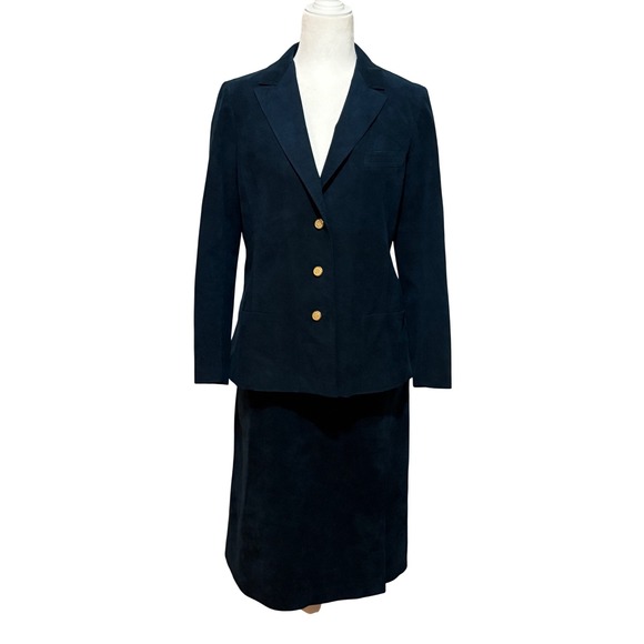 VTG 60s Abe Schrader Suede Skirt Suit Gold Button Blazer Jacket Office Sz 12 - Picture 1 of 9